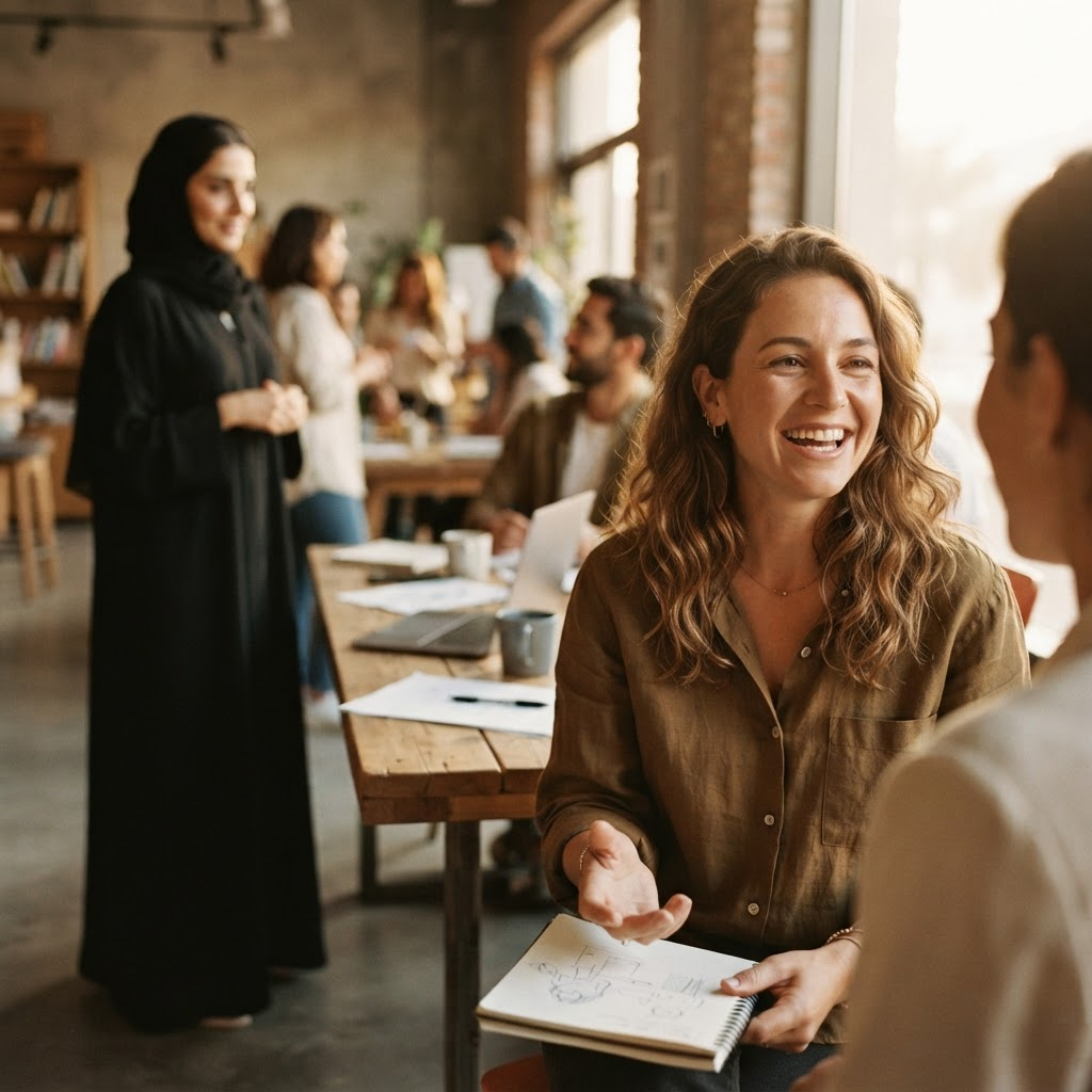 People collaborating in a warm, naturally-lit workspace, with a woman in an abaya softly present in the background